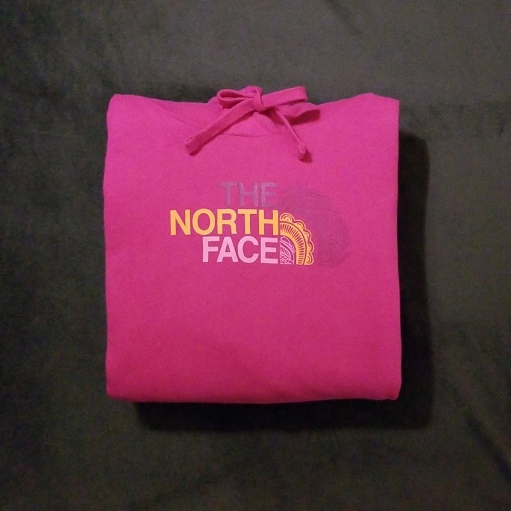 The North Face hoodie in pink, size XL.